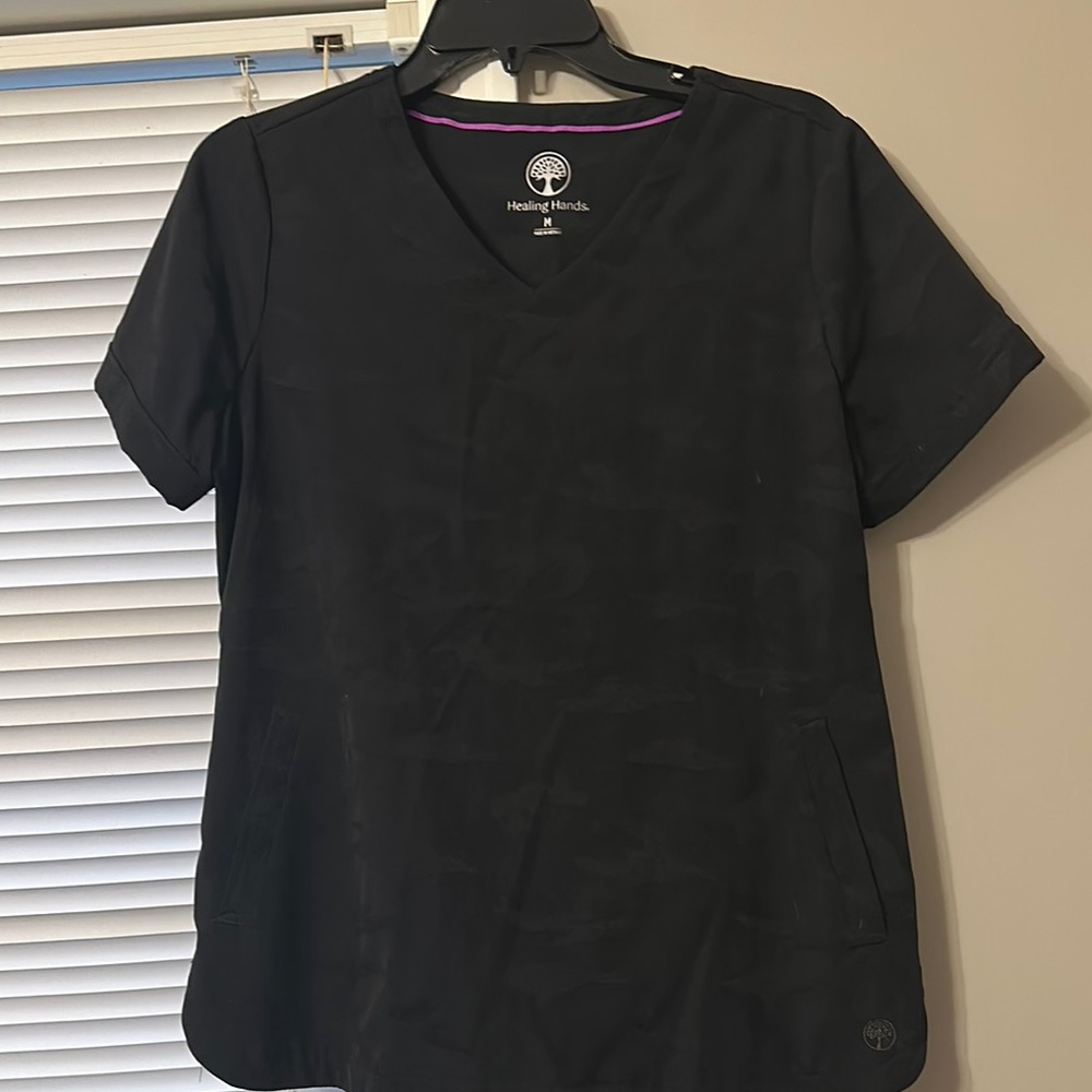 Healing Hands Black Camouflage Print Scrub Top
